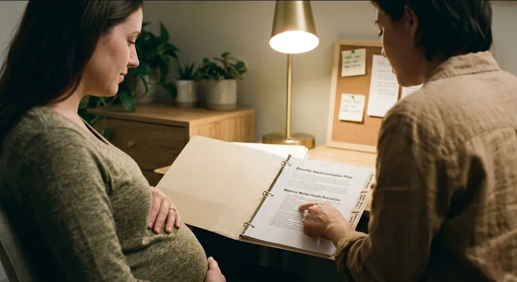 A person sitting in a warm, peaceful room with soft natural light, a sense of calm reflection, representing the themes of "Building a Perinatal Mental Health Benefit: A Step-by-Step Guide for HR".