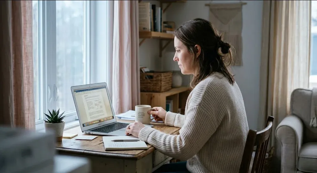 A person standing by a window in work clothes, jacket slung over a chair, looking outside, representing the themes of "Building a Perinatal Mental Health Champion Program in Your Workplace".