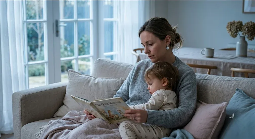 A caregiver and child reading together on a couch, cozy and close, representing the themes of "The Loneliness No One Warns You About".