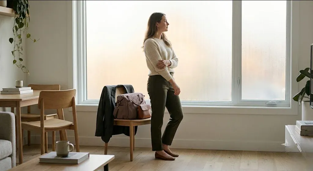A person standing by a window in work clothes, jacket slung over a chair, looking outside, representing the themes of "A Working Parent's Guide to Career, Identity, and Finances".