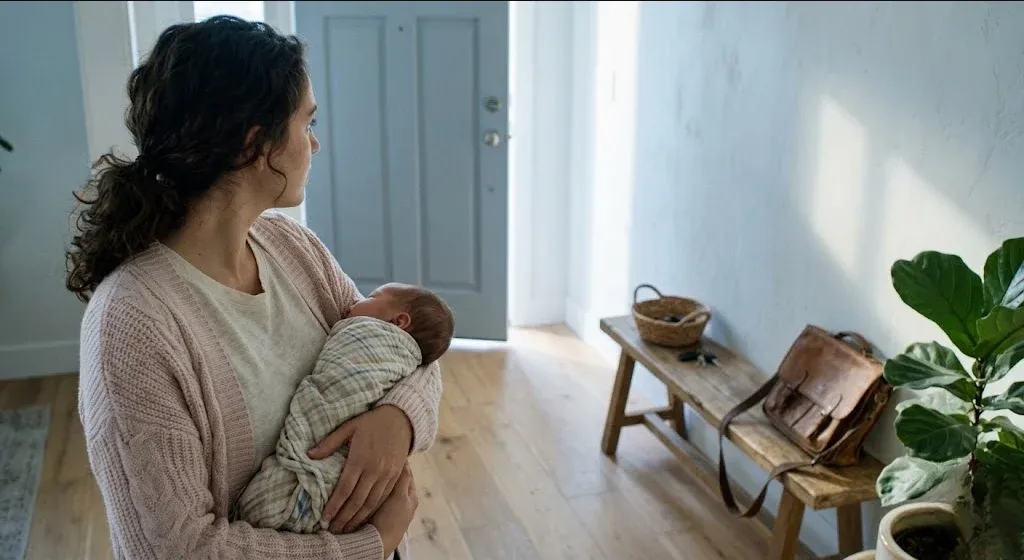 A person sitting on a bed with shoulders slightly dropped, a soft blanket nearby, in quiet exhaustion, representing the themes of "Career Burnout in New Mothers: Does It Get Better?".