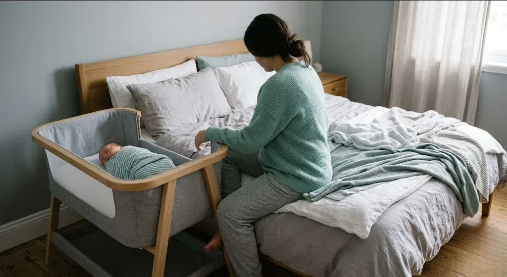A mother sitting on the edge of a bed in morning light, infant asleep nearby in a bassinet, representing the themes of "Career Identity After Baby: When You Don't Recognize Yourself at Work Anymore".