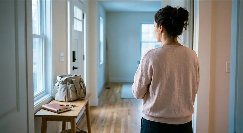 A woman sitting on a staircase, looking upward, thoughtful and unhurried, representing the themes of "Career Identity and Motherhood: When Who You Were at Work Doesn't Feel Like Who You Are Anymore".