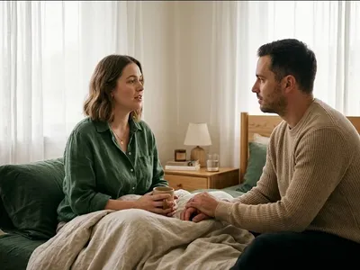 Two people at a window, one standing behind the other with gentle hands on their shoulders, representing the themes of "How to Talk to Your Partner When Motherhood Has Changed How You See Yourself at Work".