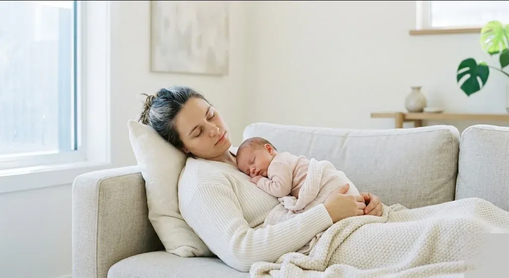 A parent on a couch, infant nestled on their chest, both still and quiet, representing the themes of "CBT for Postpartum Insomnia (CBT-I): What It Is and Why It Works".