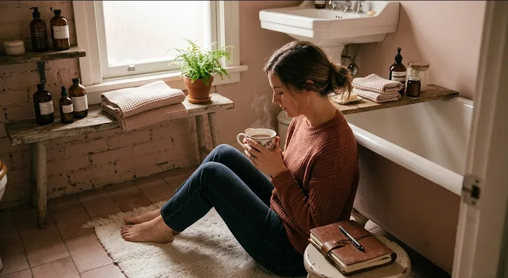 A person at a table with a warm drink, looking forward with a calm, open expression, representing the themes of "Championing Universal PMAD Screening in Obstetric Practice: A Data-Driven Approach".