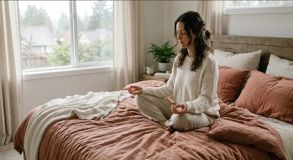 A person sitting cross-legged on a bed with eyes closed, hands resting on knees, breathing slowly, representing the themes of "Childcare Anxiety: What to Do When Dropping Off Feels Impossible".
