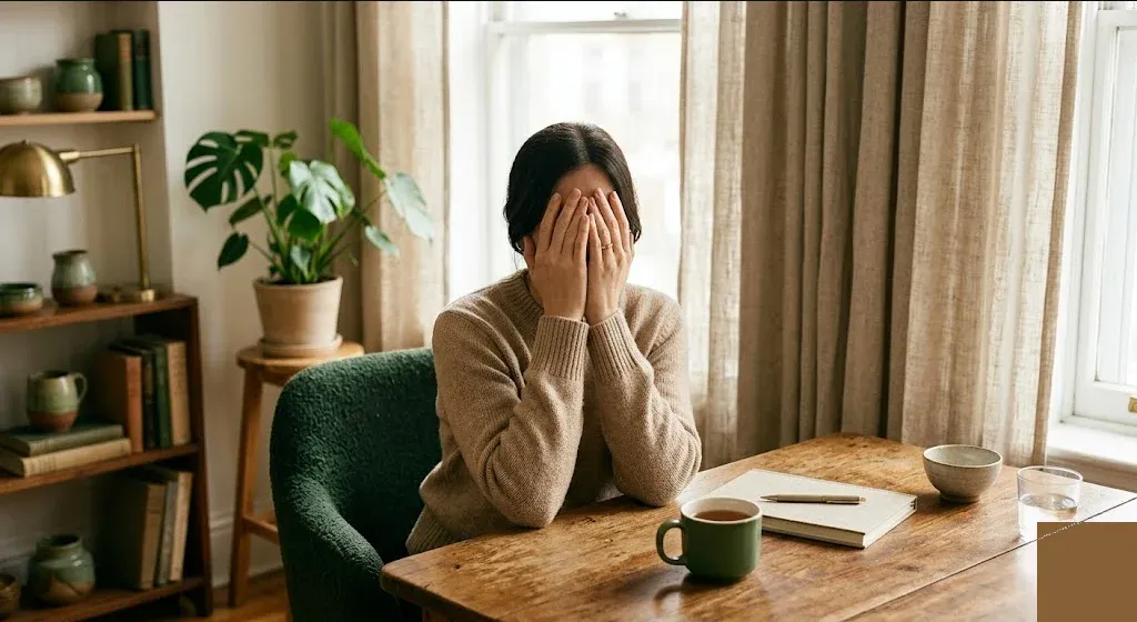 A figure at a desk with hands steepled under chin, gazing forward calmly, representing the themes of "How Childhood Neglect Shows Up in Your Parenting Anxiety".