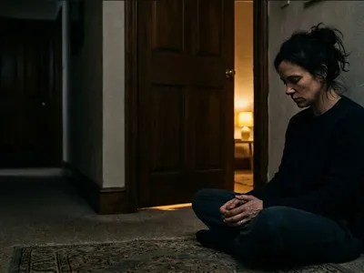 Parent sitting against hallway wall outside child's bedroom door at night, looking at hands, reflective