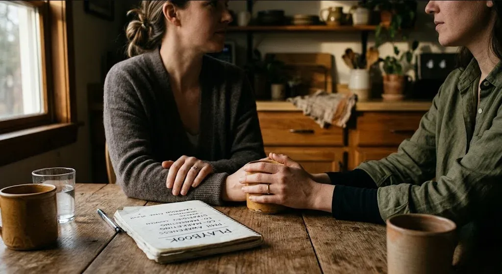 A quiet interior scene — soft light, a plant, a chair, a sense of calm presence, representing the themes of "Co-Marketing Perinatal Mental Health Awareness: A Brand Playbook".
