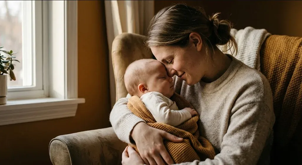 A parent and infant sharing a quiet moment, forehead-to-forehead, tender, representing the themes of "The Power of Co-Regulation: How Your Calm Creates a Calm Baby".