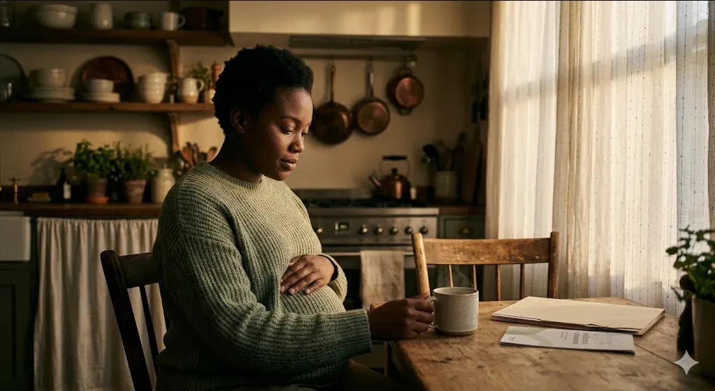 A quiet interior scene — soft light, a plant, a chair, a sense of calm presence, representing the themes of "Community Health Workers and Home Visiting for Perinatal Mental Health".