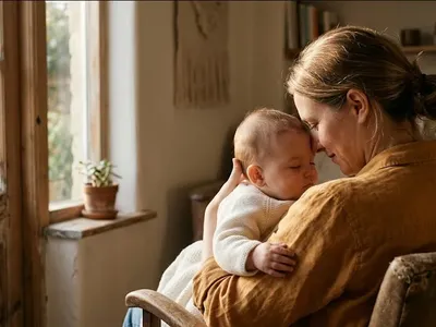 A parent and infant sharing a quiet moment, forehead-to-forehead, tender, representing the themes of "You're Not Alone: A Compassionate Guide to Coping When Home with Your Newborn by Yourself".