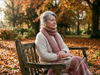 A figure on a park bench surrounded by autumn leaves, quiet and still, representing the themes of "Navigating the Pain: How to Cope with Due Dates and Anniversaries After a Loss".