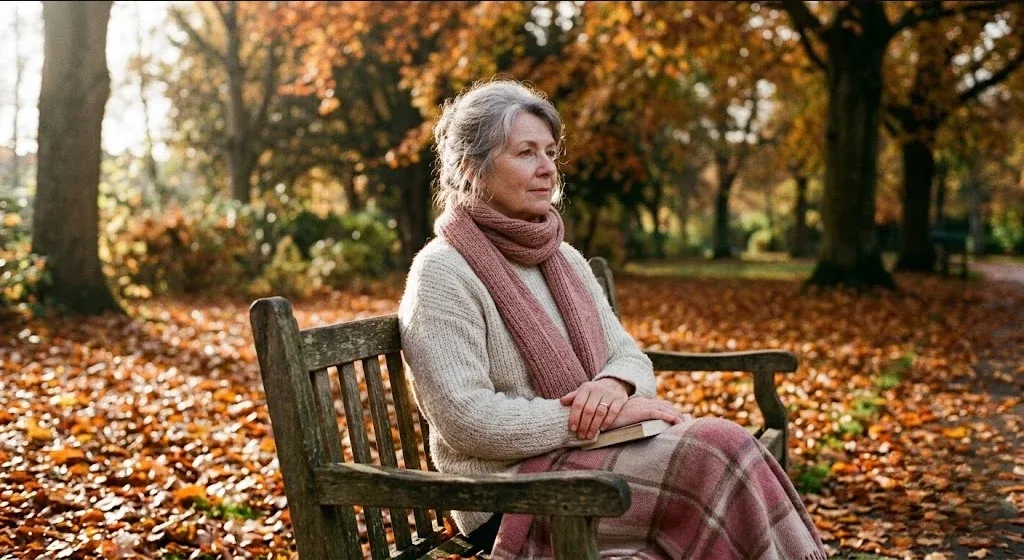 A figure on a park bench surrounded by autumn leaves, quiet and still, representing the themes of "Navigating the Pain: How to Cope with Due Dates and Anniversaries After a Loss".