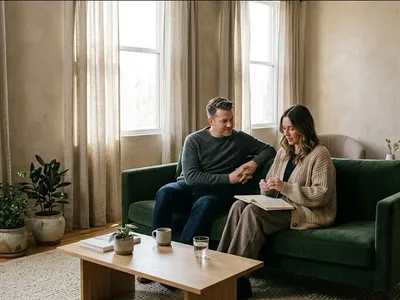 A woman at a kitchen table, baby carrier on the chair beside her, warm cup in hand, representing the themes of "How Couples Recover After a Hard Postpartum Year".
