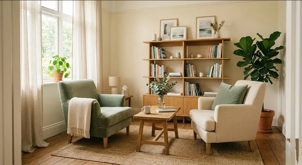 A warm and inviting couples therapy office with two comfortable chairs facing each other in soft natural light, evoking a safe space for relational healing.