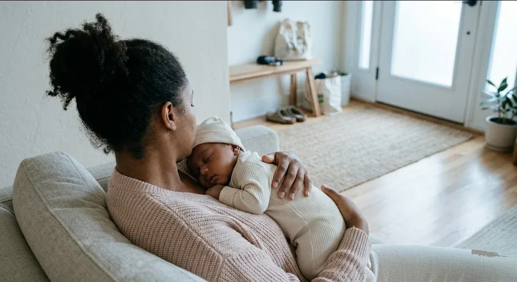 A parent on a couch, infant nestled on their chest, both still and quiet, representing the themes of "Navigating Your Relationship After Baby: A Guide to Postpartum Partnership".