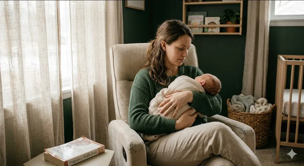 A quiet interior scene — soft light, a plant, a chair, a sense of calm presence, representing the themes of "CPT Codes for PMAD Screening: A Billing Reference for OBs, Pediatricians, and PCPs".