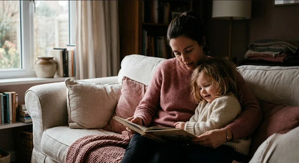 A caregiver and child reading together on a couch, cozy and close, representing the themes of "It's Not Just for Moms: A Dad's Guide to Bonding with a Newborn".