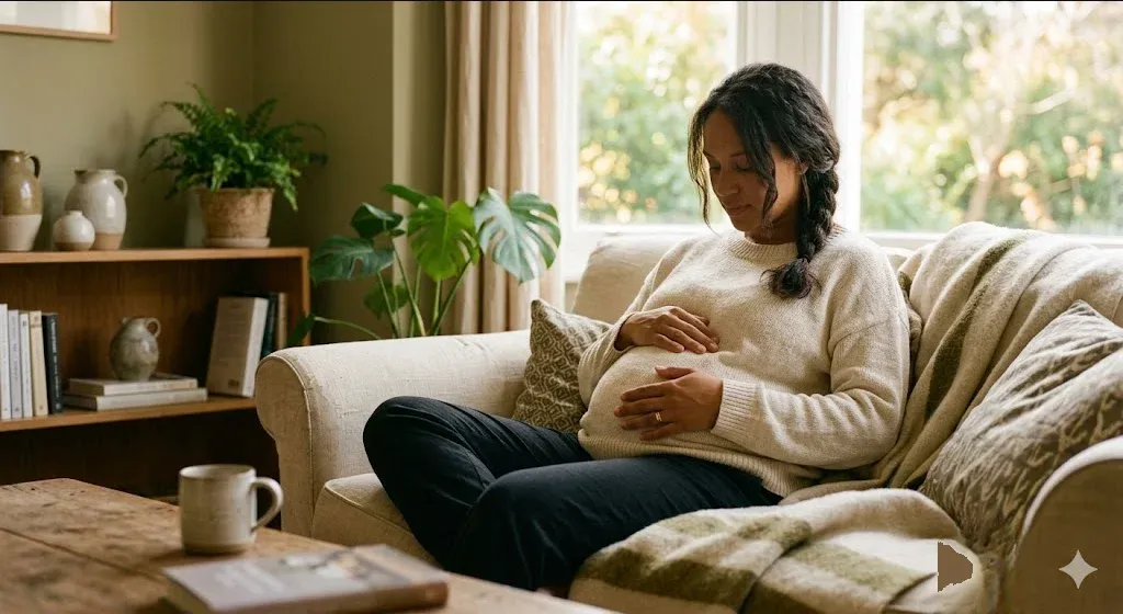 A pregnant woman sitting in a sunlit room, hands resting gently on her belly, expression calm and contemplative, evoking the themes of "Dealing with Pregnancy Announcements When You're Doing IVF".