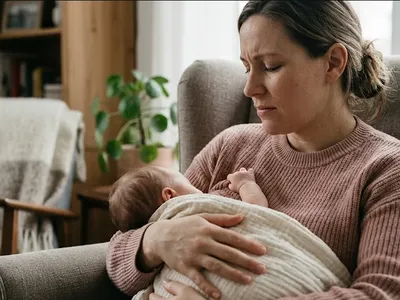 A breastfeeding mother with a subtle expression of discomfort at the moment of milk letdown, illustrating D-MER dysphoric milk ejection reflex