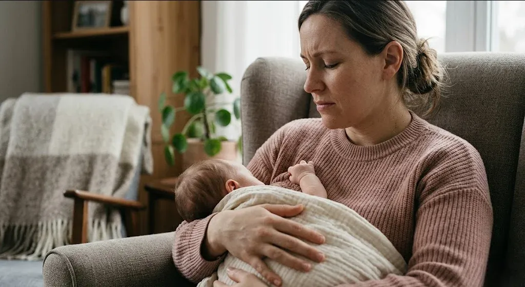 A breastfeeding mother with a subtle expression of discomfort at the moment of milk letdown, illustrating D-MER dysphoric milk ejection reflex