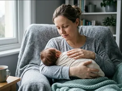 A tiny hand wrapped around an adult finger, warm and intimate close-up, representing the themes of "Does Baby Blues Go Away? Timeline, What's Normal, and When to Seek Help".