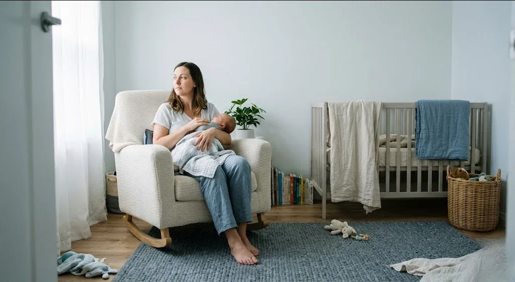 A figure near a window in a quiet domestic interior, unhurried and still, representing the themes of "Does Birth Trauma Get Better? What Healing Actually Looks Like".