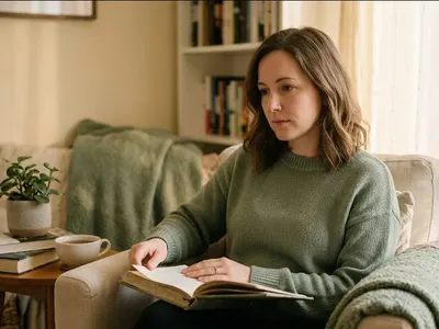 A woman at a table with a single flower in a small vase, quiet and still, representing the themes of "Does Grief After Miscarriage Get Better? What Recovery Actually Looks Like".