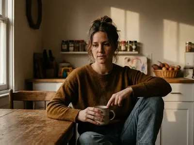 A person sitting with a journal on their lap, pen in hand, in a sunlit corner, representing the themes of "Does Matrescence Ever Get Easier? What the Identity Shift Actually Looks Like Over Time".