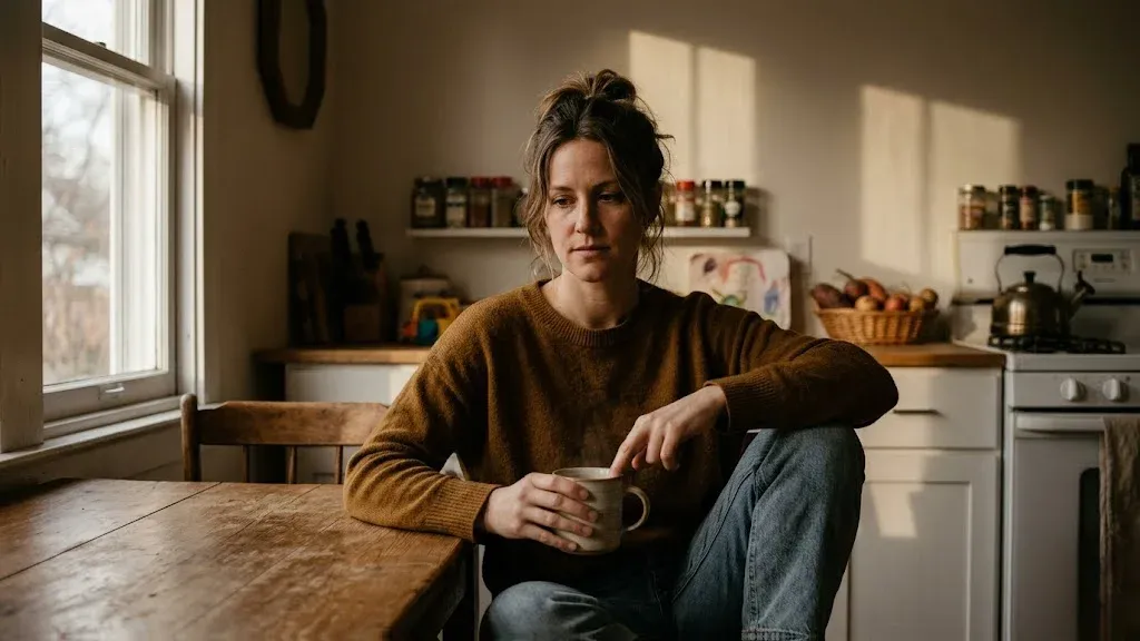 A person sitting with a journal on their lap, pen in hand, in a sunlit corner, representing the themes of "Does Matrescence Ever Get Easier? What the Identity Shift Actually Looks Like Over Time".