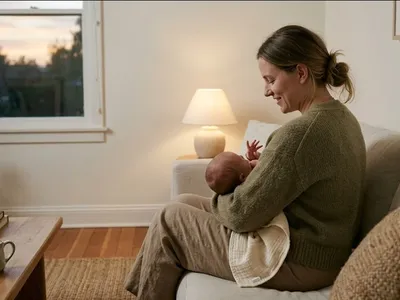 A person sitting cross-legged on a bed with eyes closed, hands resting on knees, breathing slowly, representing the themes of "Does Perinatal Anxiety Get Better? What Recovery Looks Like".