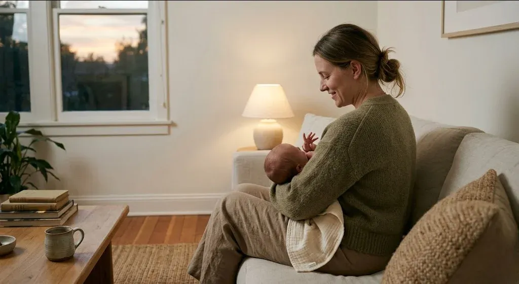 A person sitting cross-legged on a bed with eyes closed, hands resting on knees, breathing slowly, representing the themes of "Does Perinatal Anxiety Get Better? What Recovery Looks Like".
