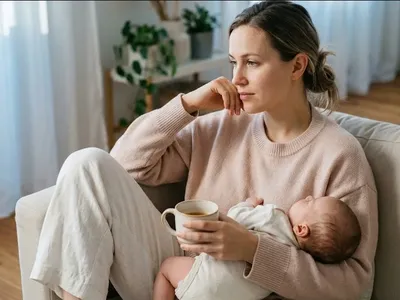 A parent on a couch, infant nestled on their chest, both still and quiet, representing the themes of "Does Postpartum Anxiety Get Better? What Recovery Actually Looks Like".