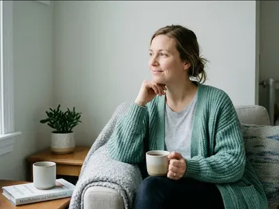 A mother sitting on the edge of a bed in morning light, infant asleep nearby in a bassinet, representing the themes of "Does Postpartum OCD Get Better? What Recovery Actually Looks Like".
