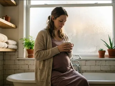 A woman standing near a window, one hand on her belly, soft backlight, representing the themes of "Does Prenatal Depression Go Away? What to Expect".