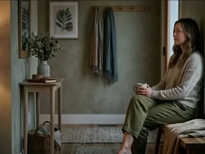 A pregnant woman sitting in a hospital waiting area with a calm, grounded expression, soft indoor light, representing the themes of "Does PTSD After a NICU Stay Get Better?".