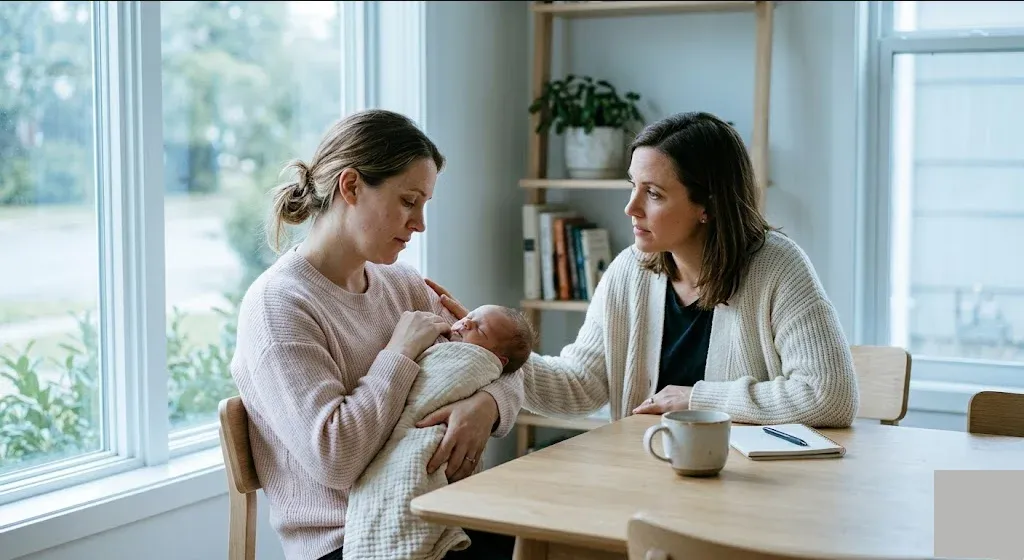 A person at a table with a warm drink, looking forward with a calm, open expression, representing the themes of "How Doulas and Birth Workers Support Perinatal Mental Health".