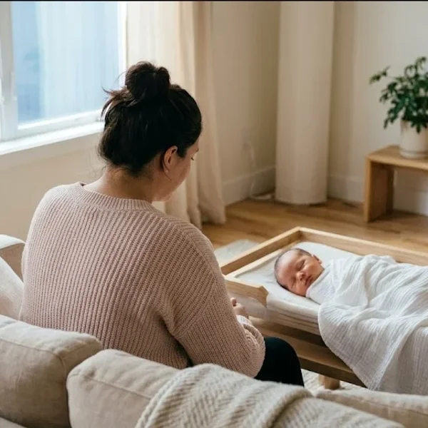 A couple on a bed, one reading aloud to the other, soft lamp light, representing the themes of "How EAPs Can Partner with Specialized Perinatal Mental Health Providers".
