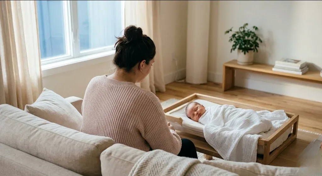 A couple on a bed, one reading aloud to the other, soft lamp light, representing the themes of "How EAPs Can Partner with Specialized Perinatal Mental Health Providers".