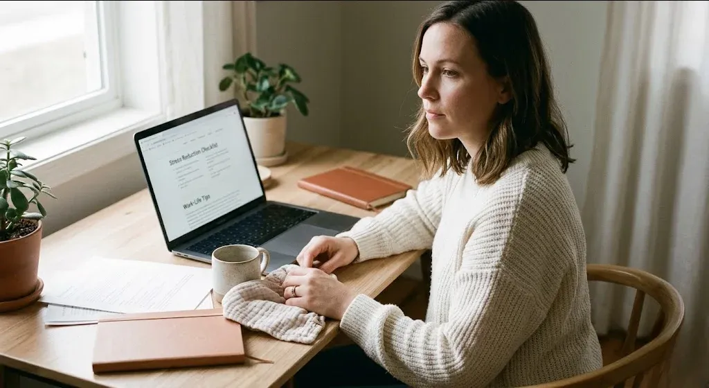 A person at a table with a warm drink, looking forward with a calm, open expression, representing the themes of "What EAPs Can and Cannot Do for Perinatal Mental Health".
