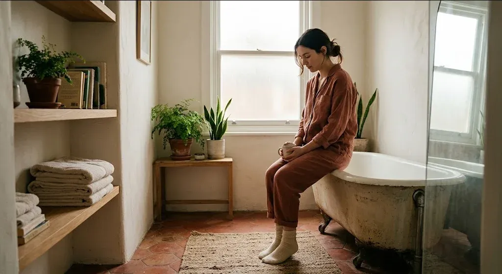 A person sitting in a warm, peaceful room with soft natural light, a sense of calm reflection, representing the themes of "The Business Case for Perinatal Mental Health Benefits".