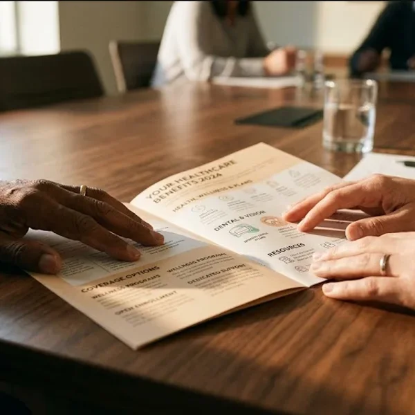 A close-up of hands resting on a conference table near an open healthcare benefits brochure.