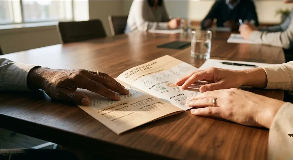A close-up of hands resting on a conference table near an open healthcare benefits brochure.