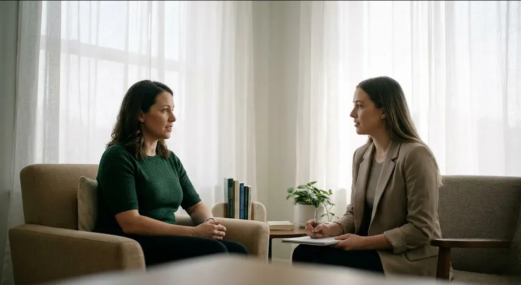 A quiet interior scene — soft light, a plant, a chair, a sense of calm presence, representing the themes of "The Employer Case for Perinatal Mental Health Benefits".