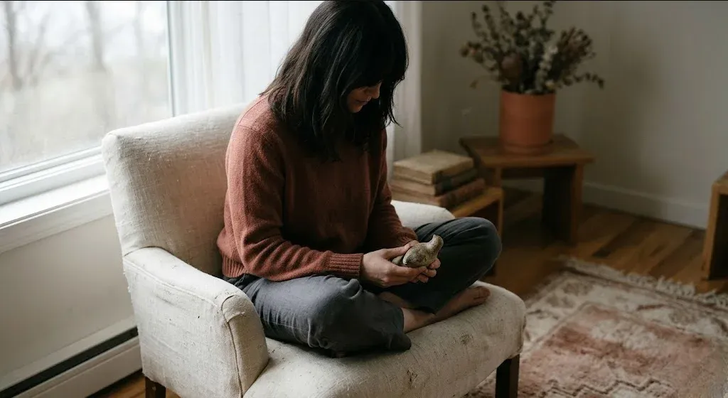 A person sitting in a quiet room, holding a small keepsake, head slightly bowed, in soft low light, representing the themes of "Endometriosis and Mental Health: Pain, Grief, and Chronic Illness".