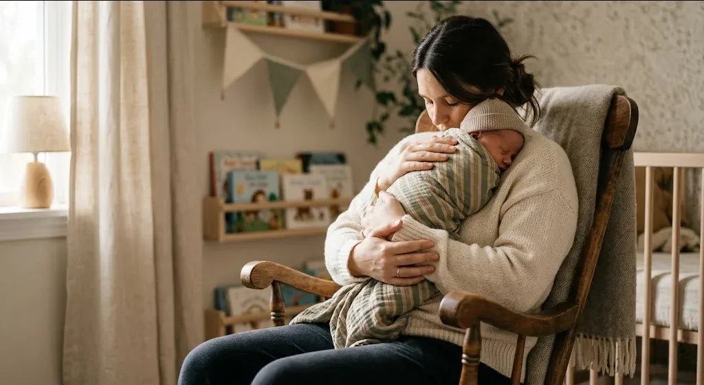 A new mother sitting in a rocking chair in a softly lit nursery, gently cradling her infant, evoking the themes of "ERP and CBT for Postpartum OCD: The Treatments That Actually Work".