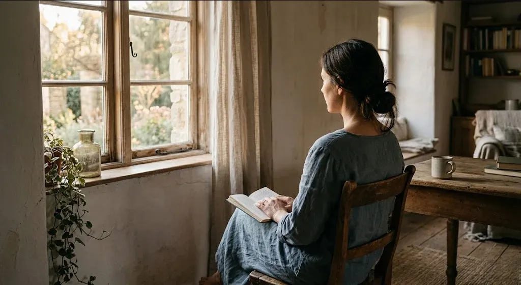 A figure near a window in a quiet domestic interior, unhurried and still, representing the themes of "Evidence-Based Books for Perinatal Mental Health: A Comprehensive Guide".