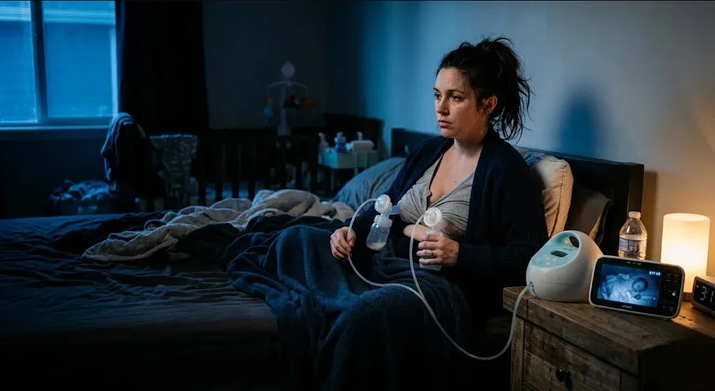 A mother exclusively pumping alone at 3am in soft nighttime light, illustrating the emotional isolation of the exclusive pumping schedule